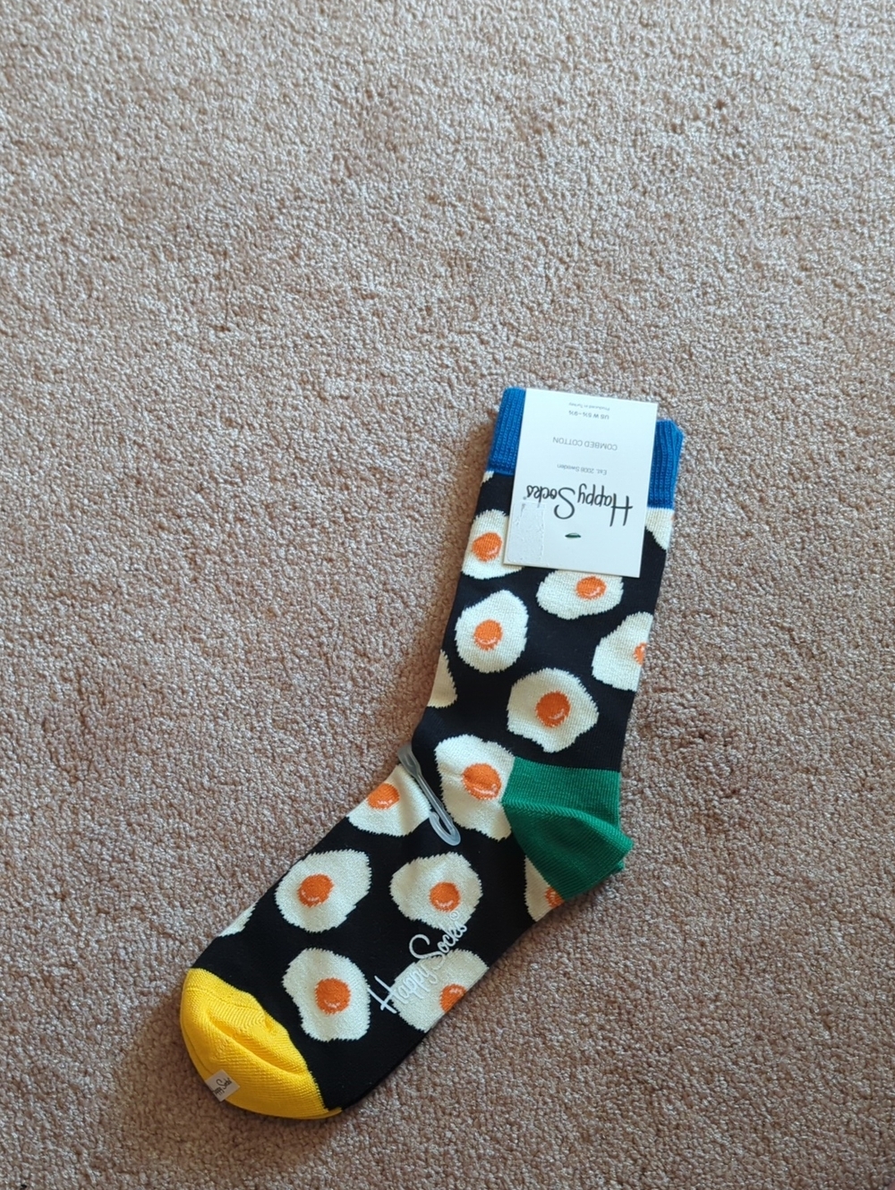 Happy Socks Black Fried Egg Crew Socks with Yellow Toe, Green Heel & Blue Cuff
